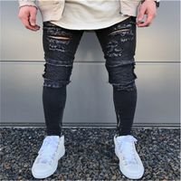 Wholesale Men s Fashion Micro bomb Slim Motorcycle Jeans Hip Hop Men Washed Torn Jeans Zipper Designer Black Jean