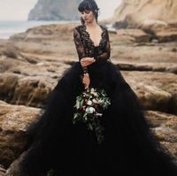 Wholesale Black Sexy Deep V Neck Tulle Fabric Lace Bridal Wedding Dress USA SweepTrain Modern Wedding Dress for Beach