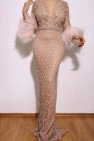 Wholesale Mermaid Full Beading long sleeve Elegant Evening Formal Dresses With Feathers Long Party Prom Elie Saab Red Carpet Celebrity Dresses