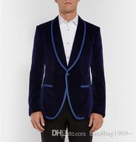 Wholesale New Arrivals One Button Dark Blue Velvet Groom Tuxedos Shawl Lapel Groomsmen Best Man Blazer Mens Wedding Suits Jacket Pants Tie D