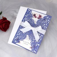 Wholesale Blue Shimmer Laser Cut Folded Wedding Invitation Kits with Ribbon Invitations for Engagement Business DIY Anniversary Invites