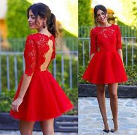 Wholesale A Line Red Lace Half Sleeve Short Pageant Dresses Homecoming Dresses Formal Party Dresses Open Back Custom Made