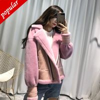 Wholesale Winter Woman Shearling Coats Pu Leather Real Lambs Wool Fur Patchwork Jackets Plus Size Loose Outerwear Pilot Coat