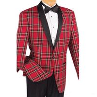 Wholesale Red Plaid Jacket Men Suits Black Shawl Lapel Two Piece One Button Custom Made Wedding Groom Tuxedos Black Pants