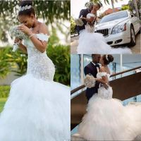 Wholesale African Off The Shoulder Lace Mermaid Wedding Dresses Tulle Layered Ruffles Sweep Train Boho Wedding Bridal Gowns robes de mariée