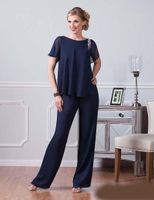 Wholesale Custom Navy Blue Chiffon Pants Suits For Mother Of The Bride Jewel Neckline Dresses Party Evening For Wedding Mothers Guest Dress