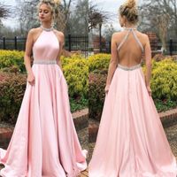 Wholesale 2019 Custom Made Sleevless Backless Pearl New evening Dress Sleeveless Halter Dress Long Skirt Banquet Prom Dress