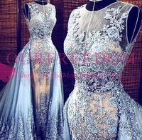 Wholesale Couture Zuhair Murad Elie Saab Style Evening Dresses Dusty Pale Blue Tulle Lace and Champagne Sheer See Through Celebrity Prom Gowns