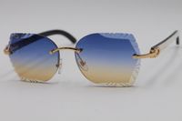 Wholesale Rimless Sunglasses Carved lens T8200762White Inside Black Buffalo Horn Sunglasses New Rimless Glasses Hot Unisex SunGlasses Blue