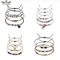 Wholesale 3pcs Bead Bracelet for Women Multicolor Crystal Series Tandem Leaf Heart Round Geometric Pendant Woven Wax Rope Bracelet Diy Jewelry Set