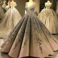 Wholesale 2019 Luxury Sequined Ball Gown Prom Dresses Sweetheart Lace Applique Beaded Evening Dress Floor Length Arabic Quinceanera Dress