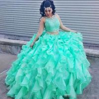 Wholesale 2019 New Turquoise Two Piece Quinceanera Dresses Beaded Collar Lace Applique Ruffles Organza Sweet Ball Gown Formal Prom Dresses