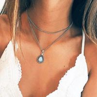 Wholesale Turkey Style Double Layer Water Drop Gemstone Pendant Necklaces for Women Ethnic Vintage Silver Geometric Clavicle Necklace Jewelry YN13