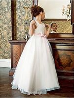 Wholesale 2019 A Line Long Organza Little Flower Girls Dresses with Bow Capped Off Shoulder Communion Dress Princess Wedding Party Gowns