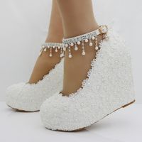 Wholesale Downton Handmade Pearls and Lace Wedding Shoes wedge heel Bridal bridesmaid Prom Party Shoe with Crystals Anklets size