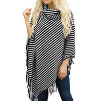 Women S High Collar Batwing Tassels Pullovers Poncho Top With Stripe Patterns And Fringed Sides Cape Winter Knit Sweater Cloak Women S High Collar Batwing Tassels Pullovers Poncho Top With Stripe Patterns And Fringed Sides Cape Winter Knit Sweater Cloak
