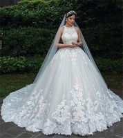 Wholesale 2020 Luxury Lace Appliqued Ball Gown Wedding Dresses Vintage Halter Plus Size Open Back Bridal Gown robes de mariee