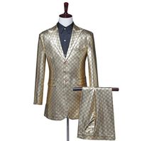 Wholesale Gold PU blazer men suit set with pants mens Medium long trench coat costume singer star style dance stage fashion clothing man formal dress