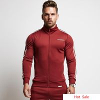 Wholesale Jogger Tracksuits Mens Slim GYM Suits Side Striped Zipper Tops Hoodies Long Pants Outfits Hommes Fitting Active Black Red Tracksuits