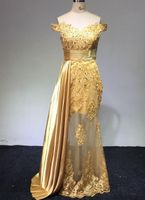Wholesale Off The Shoulder Long Evening Dresses Arabic Golden Tulle Applique Ruched Beaded Floor Length Pageant Formal Party Gowns