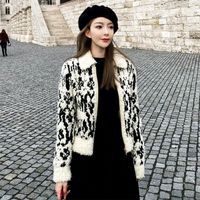 Wholesale 2020 new design women s turn down collar black white color block tweed woolen fabric long sleeve thickening short jacket casacos S M L XL