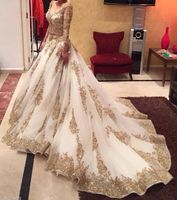 Wholesale Cinderella Two Pieces Wedding Dress Arabic Bridal Gown Gold Lace Beads V Neck Long Sleeves Chapel Train Bridal Dresses