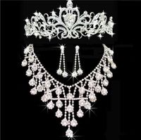 Wholesale Three Pieces Tiaras Crowns Wedding Hair Jewelry Necklace Earring Cheap Fashion Women Evening Prom Party Dresses Bridal Accessories
