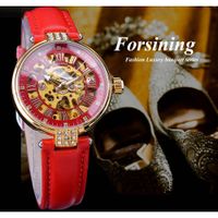 Wholesale Forsining Fashion Golden Skeleton Diamond Design Red Genuine Leather Band Luminous Lady Mechanical Watches Top Brand Luxury