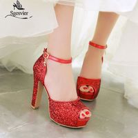 Wholesale SGESVIER Women New Summer Sandals Sexy Bride Wedding Party Shoes Peep Toe Thick Heel Platform Red Gold Sandals Shoes Woman OX362 CX200611