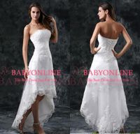 Wholesale Hi low Lace Elegant Aline Wedding Dresses Strapless Appliqued Cheap Beading Wedding Gowns Backless Short Bridal GownCPS110