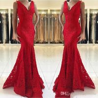 Wholesale Newest Beautiful Full Lace Red Evening Dresses Mermaid V Neck Backless Sleeveless Prom Gowns Formal Vestidos de festa Customized