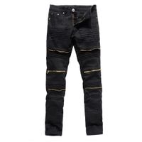 Wholesale Men s Jeans Mens Fashion Ripped Skinny Distressed Destroyed Straight Fit Zipper Motor With Holes Motorcycle Slim Pencil Pants