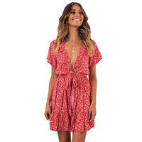 Wholesale Summer Floral Sexy Dress Women Plus Size Bandage Ruffles Party Sweater Dresses Elegant Red Mini Skirts V Neck Beach Style