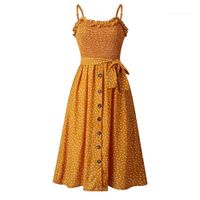 Wholesale Night Party Clothing Polka Dot Ruffle Neck Money Printed Mid Calf Button Bodycon Dresses Holiday Fashion Casual Skirt