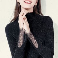 Wholesale Shiny Sweater Women Turtleneck Eyelash Lace Patchwork Flare Sleeve Sweater Pullover Knitting Tops C92491