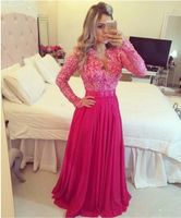 Wholesale New Long Sleeve Prom Dresses with V neck Luxury Handmade Pearl A line Bow Knot Chiffon Plum Pink Prom Gowns Evening Dress