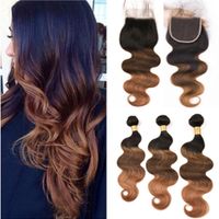 Wholesale B Medium Auburn Ombre Body Wave Human Hair Bundles with x4 Lace Front Closure Tone Ombre Malaysian Hair Wefts with Closure