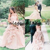 Wholesale Strapless Blush Pink Ball Gown Wedding Dresses Organza Ruffle Tiered Skirt Outdoor Country Plus Size Bridal Beach Wedding Gown