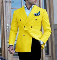 Wholesale Bridalaffair Jackets Pants Double Breasted Suit Yellow Groom Wedding Suits Men Dress Suit Dinner Party Prom Suit Formal Business