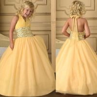 Wholesale Beading Sequins Halter Fitn Flare Stunning Glamorous Ball Gown Kids Formal Dresses Tulle Flower Girls Pageant Dress