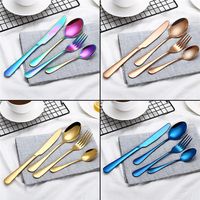 Wholesale 4 Set Colors Stainless Steel Knife and Fork Cutlery Gold Black Mix colors Blue Silver Plated Dinnerware Knife Fork Spoon Kit A