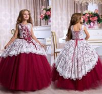 Wholesale 2019 New Arrival Puffy Flower Girl Dresses For Weddings Burgundy White Lace Appliques Beaded Tiered Girls Pageant Dress Kids Communion Gowns