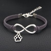 Wholesale Romantic Silver Color Infinity Love Pets Cat Dog Paw Pendant Bracelets Handmade Dark Gray Leather Suede Velvet Rope Jewelry Gift N85