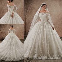 Wholesale Shiny Lace Applique Puffy Wedding Dress Off Shoulder Long Sleeves Lace up Bridal Gowns New Arrival Western