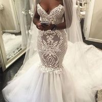 Wholesale 2019 Vintage Mermaid Wedding Dresses Plus Size African Lace Appliqued Tulle Sweep Train Bridal Gowns Sweetheart Boho Vestido De Novia