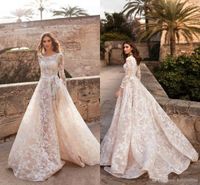 Wholesale Elegant Lace A Line Wedding Dresses Sheer Jewel Neck Long Sleeve Appliques Fitted Long Train Bridal Country Wedding Gowns Vestidos De Soiree