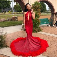 Wholesale 2019 Sexy Mermaid Red Feather Prom Dresses with Train Sparkly Sequins Appliques Cut out High Neck African Evening Party Gowns Vestidos
