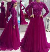 Wholesale 2020 fachisa Arabic Muslim Purple Evening Dresses Jewel Neck A Line Lace Applique Tulle Floor Lenght Prom Party Gowns Custom Made