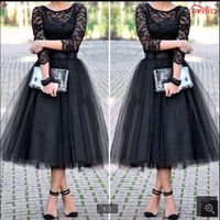 Wholesale Elegant A Line Short Prom Dresses black lace Three Quarter Sleeve Scoop Neck Tea Length Prom Dress With Sashes prom gowns hot sale