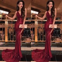 Wholesale 2019 Burgundy V Neck Sequin Mermaid Reflective Prom Dresses Split High Slits Vestidos De Fiesta Sweep Train Evening Party Prom Gowns BC0866